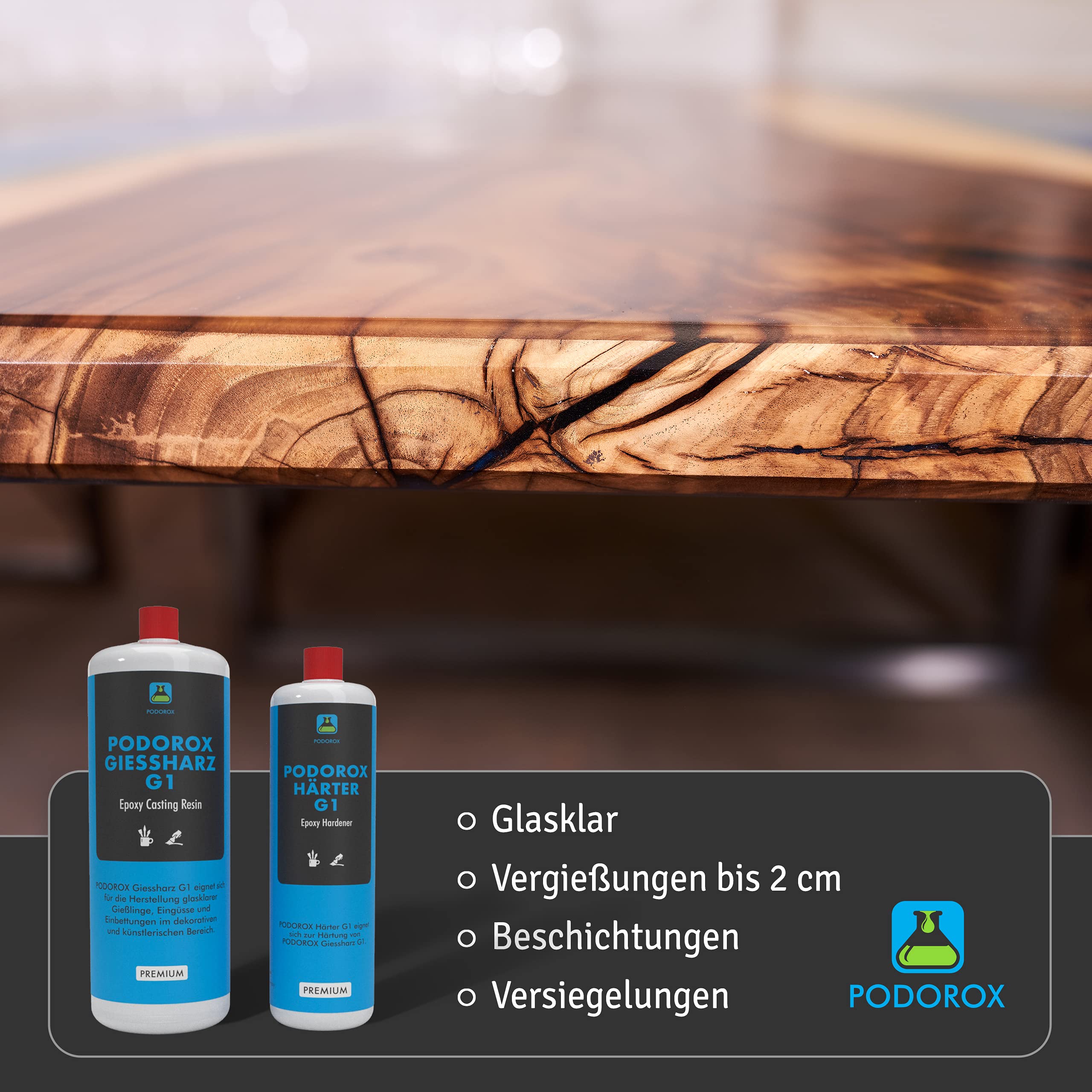 Epoxidharz Gießharz mit Härter | 4,5 kg PODOROX G1 | glasklar und geruchsarm | Zum Gießen | glasklar und transparent | Komplett für Anfänger und Profis | Epoxidharz Resin Set | Epoxyharz| Resin Set