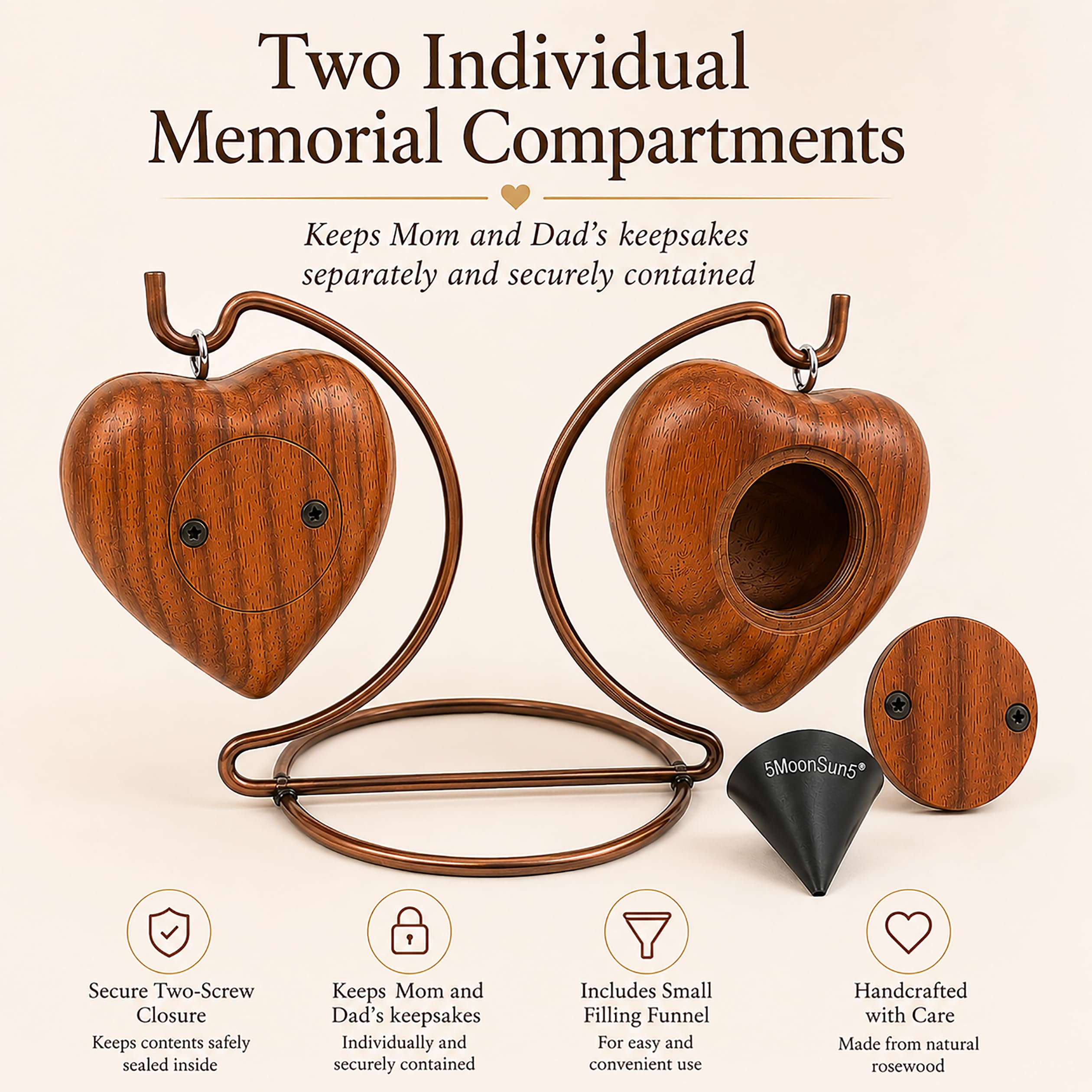 Urna de recuerdo de madera de doble corazón, pequeña urna de cremación hecha a mano para cenizas homenaje a tu mamá y papá, perfecta para tus seres queridos con soporte de exhibición con grabado "I