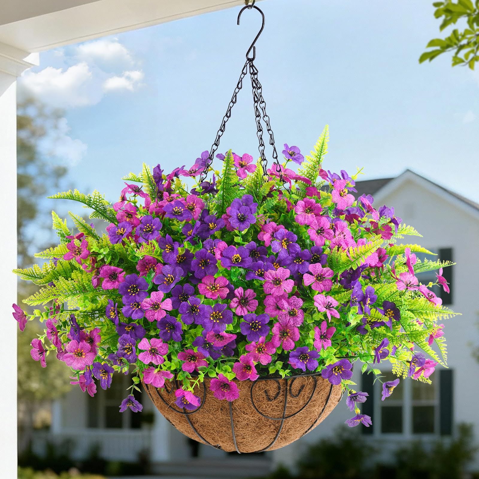 Hommyea Artificial Flowers Hanging Basket Double Purple