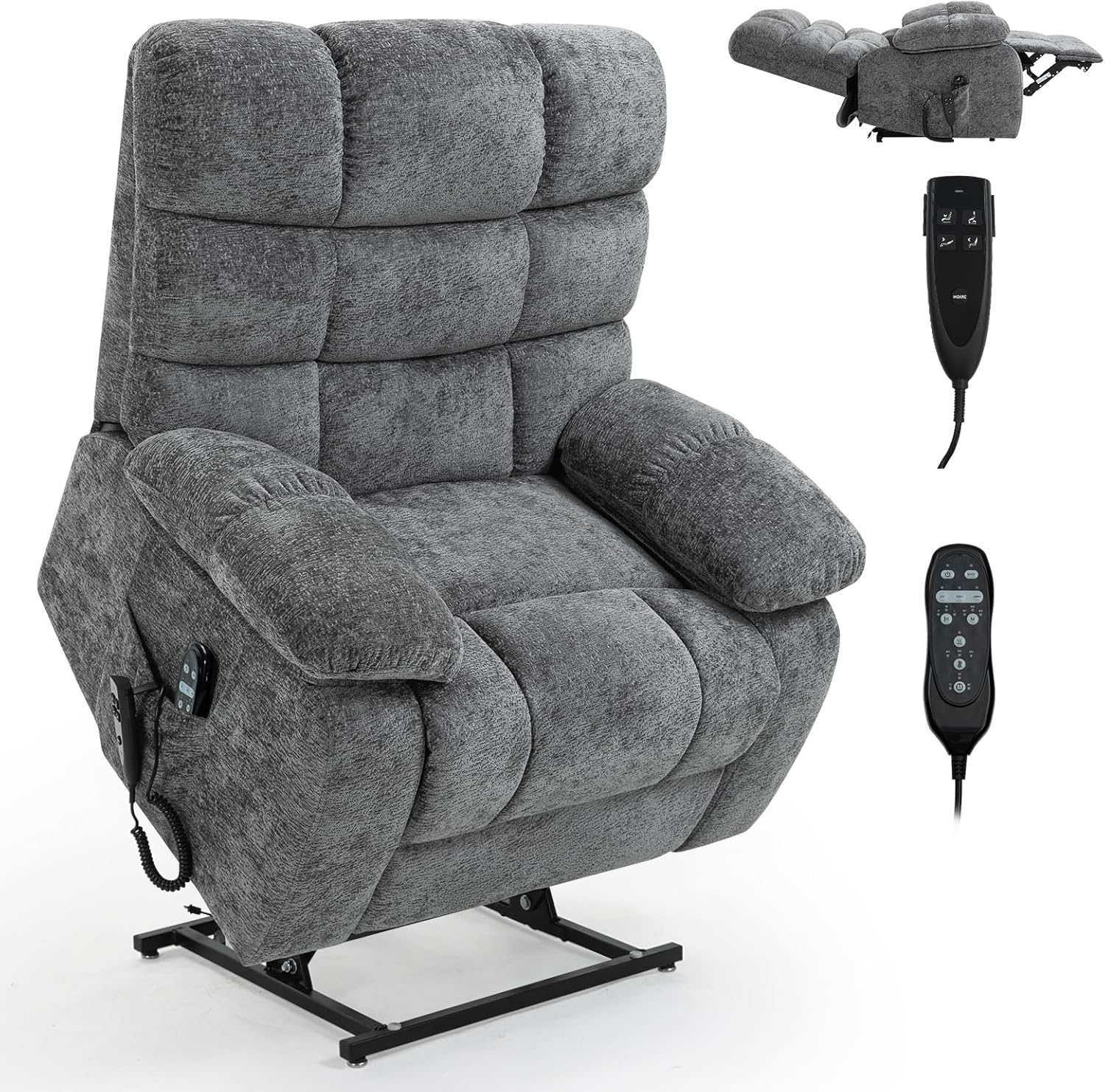 Lay Flat Dual Motor Large Electric Power Lift Chair with Massage & Heat for Big People, Power Lift Recliner Chair w/Infinite Position, 2 Remote Controls, Light Gray