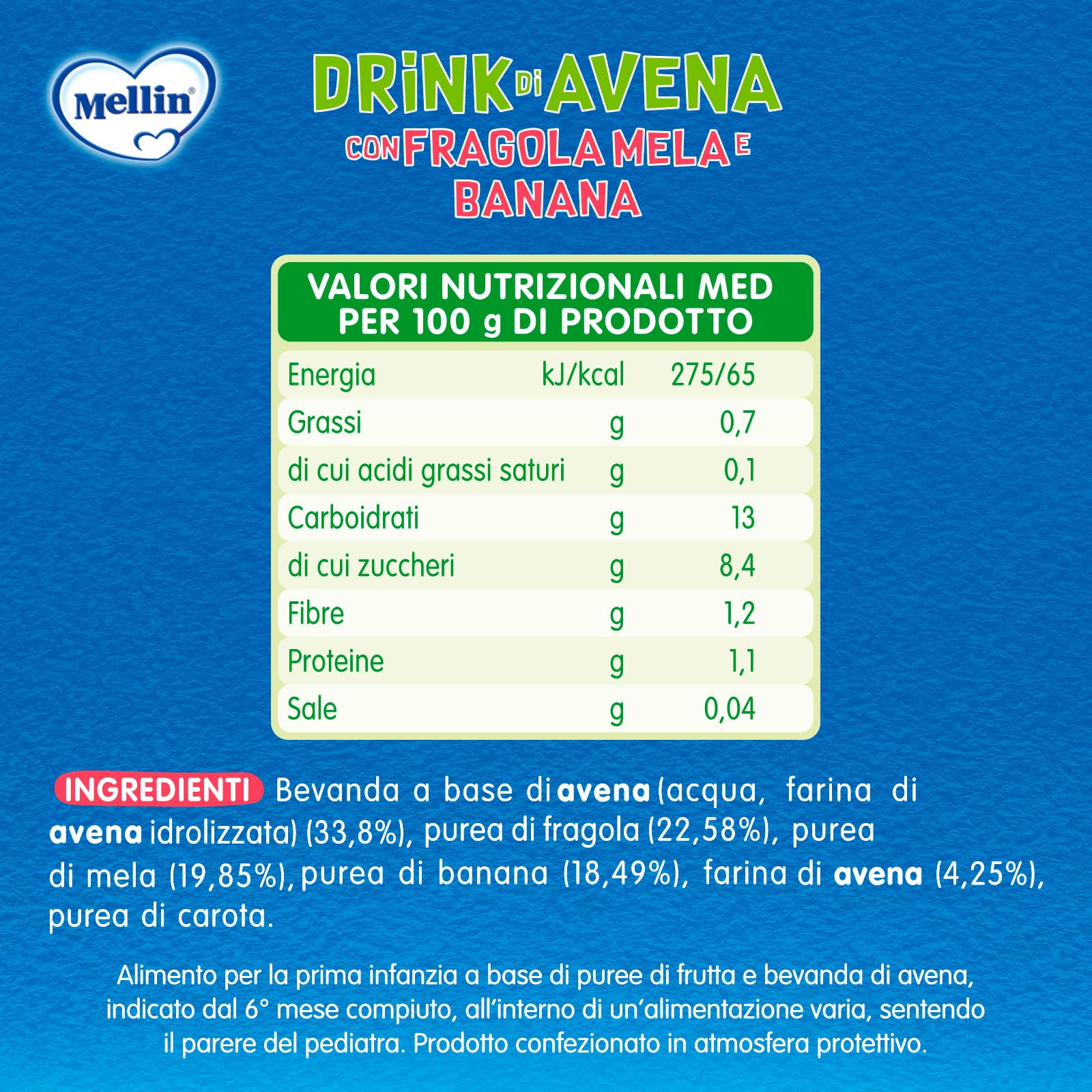 MELLIN Merenda 100% Vegetale, Pouch Avena, gusto Mela Fragola e Banana 90g, Senza Zuccheri Aggiunti - 6 Confezioni da 90g