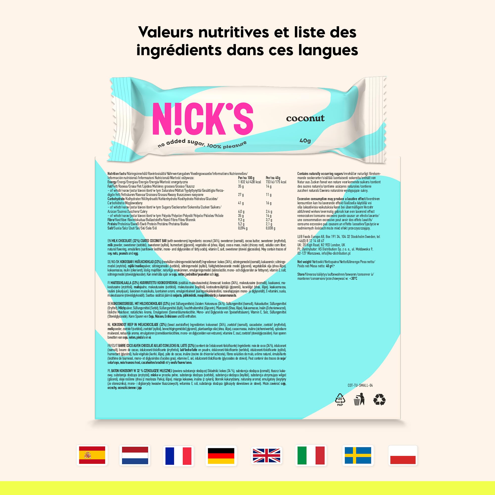 NICKS Barre Keto Noix de Coco au Chocolat Sans Sucre Ajouté, Sans Gluten, Sans Huile de Palme, 175 Calories, 2 g Glucides nets, Low carb Coconut chocolate bar (15x40g)