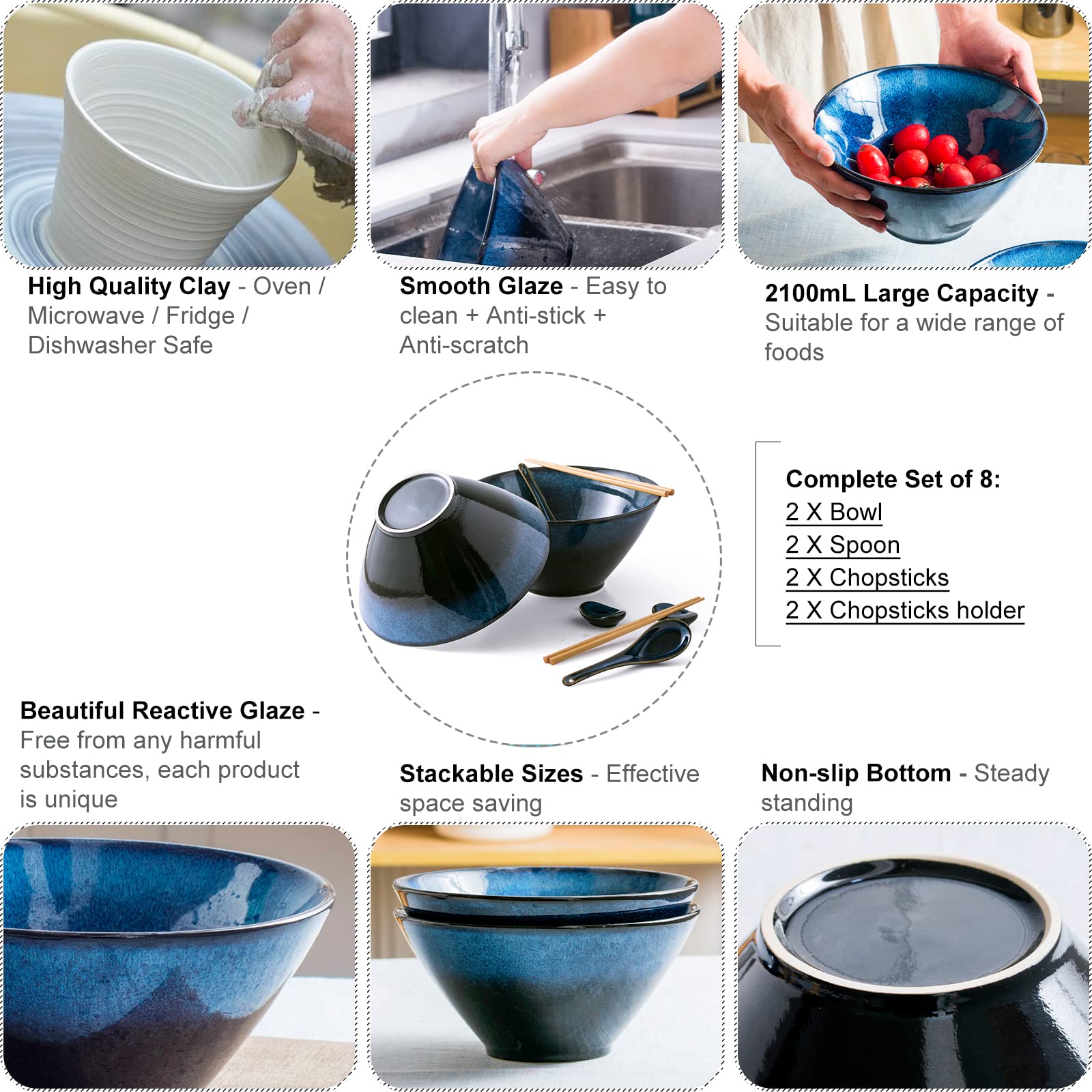 HENXFEN LEAD Japanische Ramen Schüssel Set aus Keramik, 2L Große Suppenschalen Ramen Bowl Set mit 2X Schüssel, Essstäbchen, Keramiklöffel, Essstäbchenablage, Blau