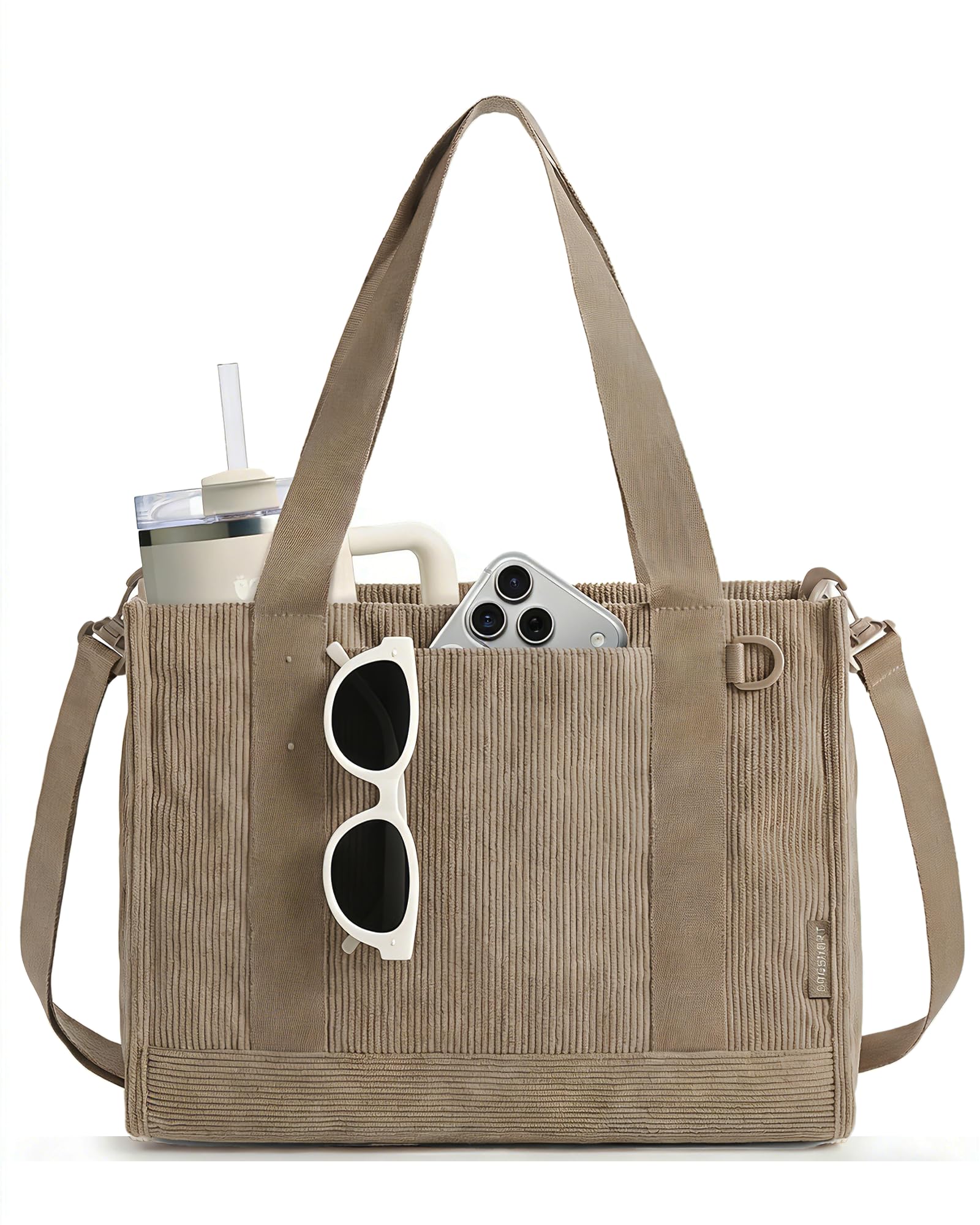 BAGSMART Corduroy Beach Tote Bag for Women Travel/Work, Small Crossbody Bag for Teacher/Nurse | 12L fits 14" laptop, 40oz tumbler holder, 5L fits Kindle, w/ zipper pockets, For work, travel, mothers day gifts — view 14