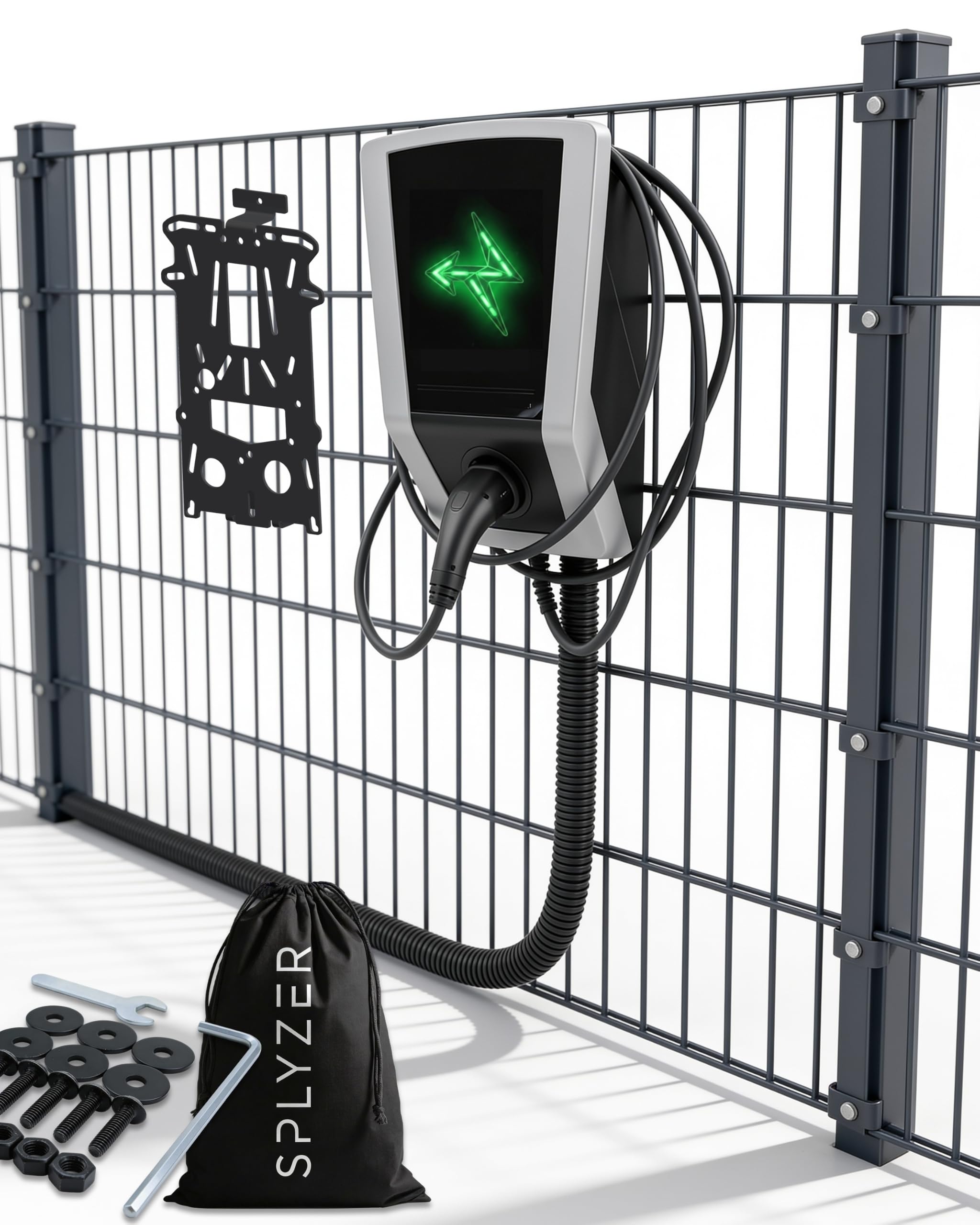 Wallboxhalterung Zaun, kompatibel mit Heidelberg®, Elli®, u.a. | Wallbox Standfuß alternative für ABL®, Zaptec®, myenergi®, Webasto® u.a., Anthrazit, Stahl, ohne Bohren, Montage-Kit