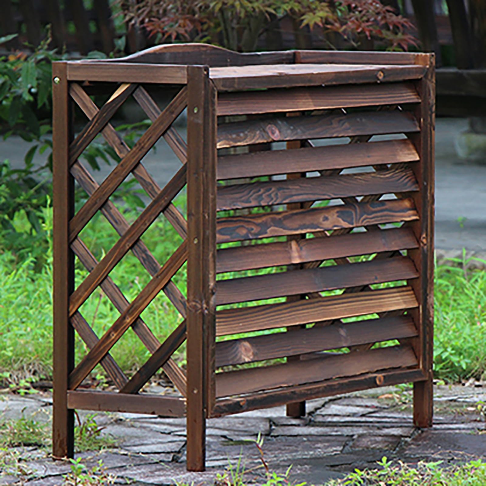 QYMYOZ Outdoor Wooden Air Conditioner Cover & Privacy Fence Screen Louvered Design Solid Wood Plant Shelf 96.5x89x40cm Stylish AC Unit Protection & Décor