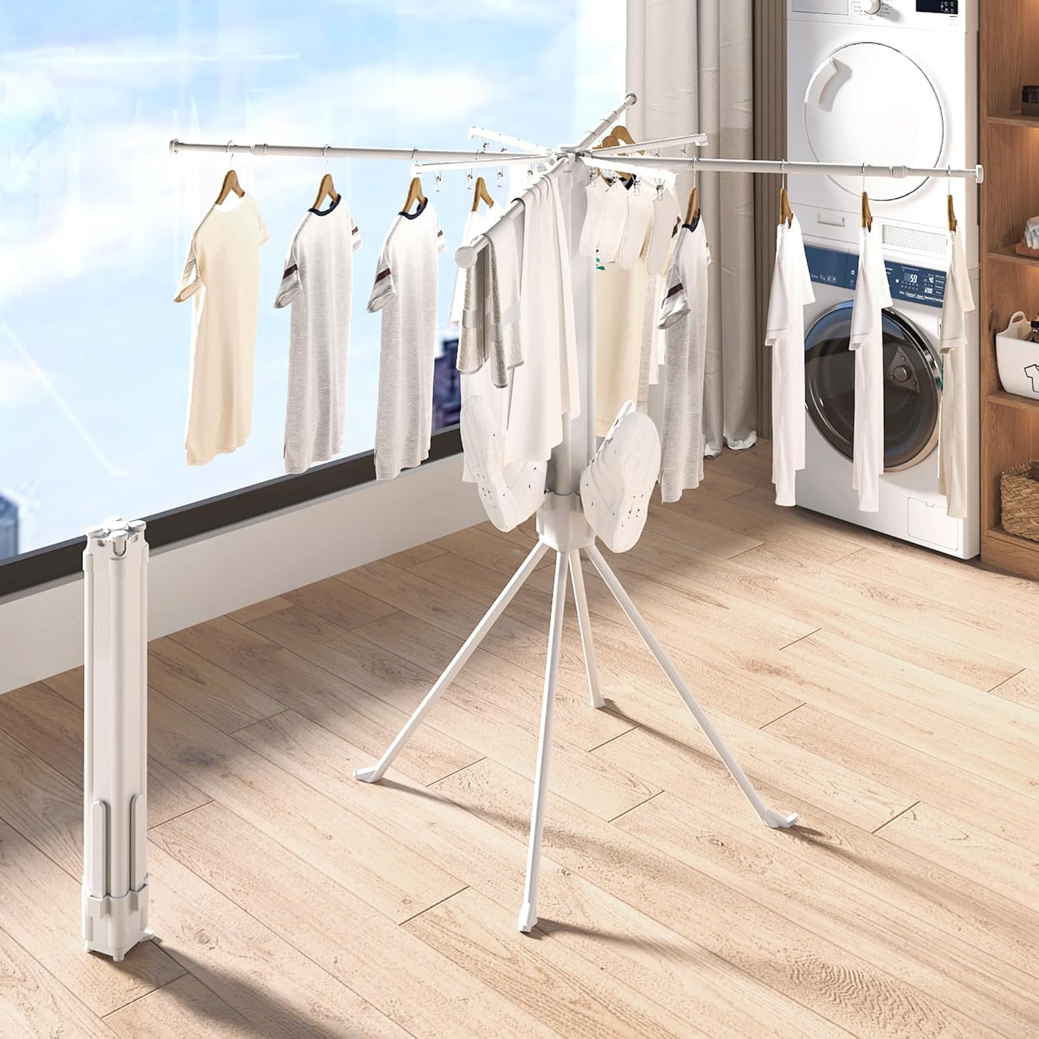 Four-Legged Clothes Drying Rack, Foldable & Collapsible Laundry Drying Rack, Drying Rack Clothing with Sock Clips & 4 Shoe Holders, Space-Saving Rack for Indoor and Outdoor Use
