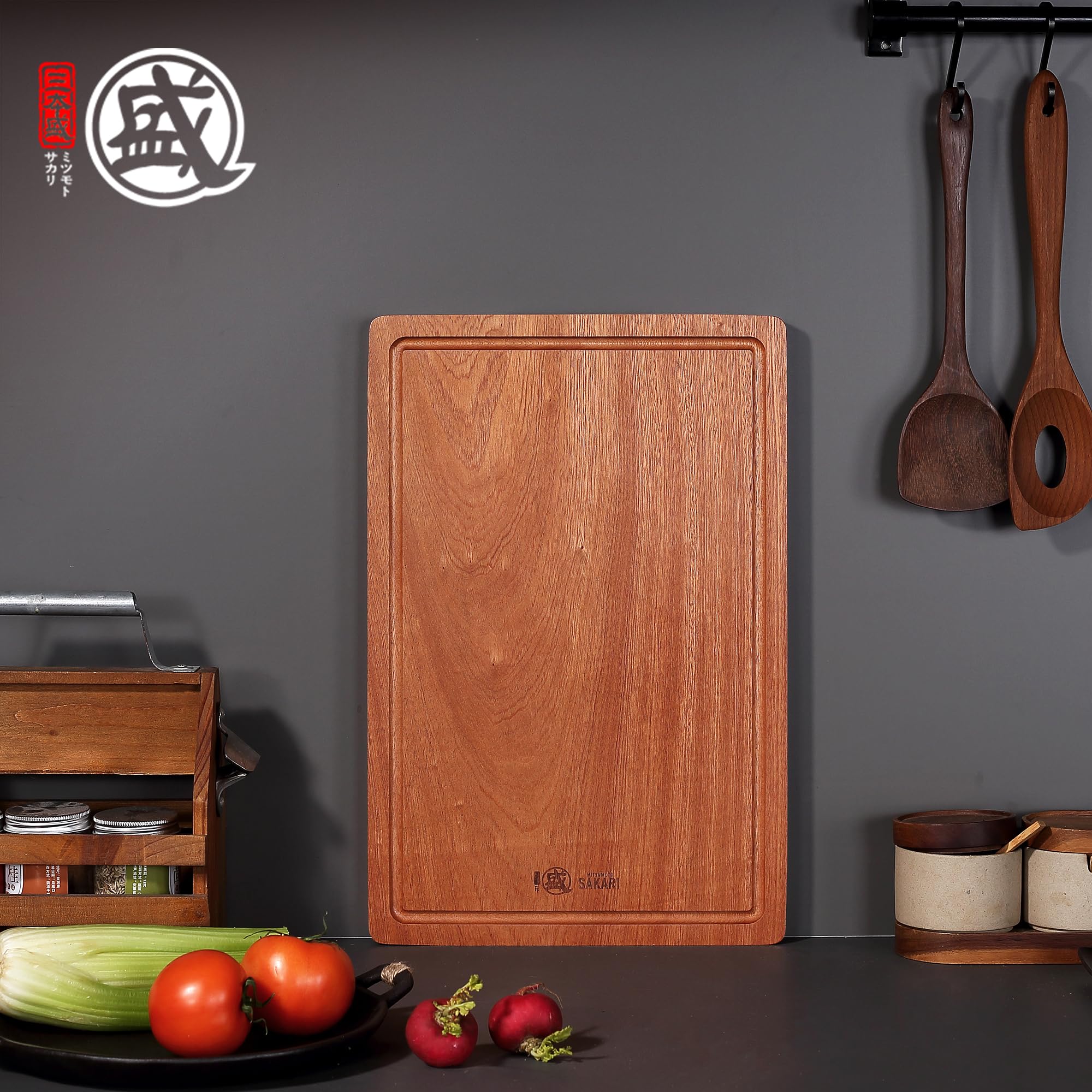 MITSUMOTO SAKARI Schneidebrett aus Sapele-Holz 45 x 30 x 2,5 cm | Japanisches Küchenbrett, Professionelles Schneidebrett aus Holz, Mit Auslaufsicheren Rillen