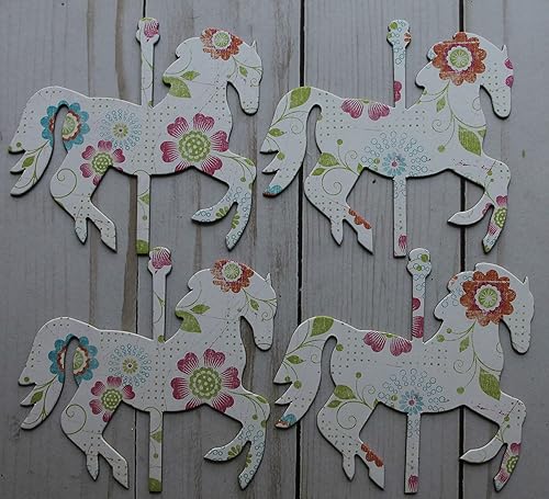 Miniatura 3 de 12 Carousel HORSES lime, turquoise, orange glittered chipboard die cuts 4" x 3 3/8"