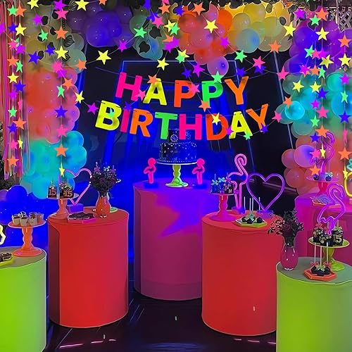 Miniatura 19 de Guirnalda de papel de estrella de neón de 108 pies que brilla en la oscuridad, suministros de fiesta, guirnaldas de papel neón para luz negra