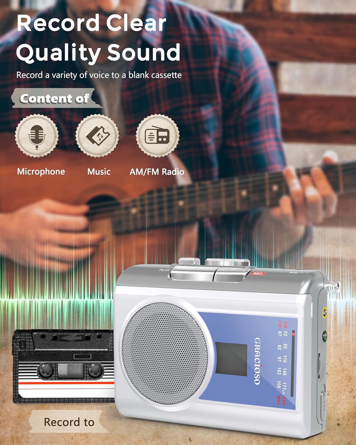 Gracioso Protable Cassette Recorder Player: AM FM Compact Cassette Tape Player with Big Speaker & Earphone Jack, Build in Microphone,Cassette Player Powered by DC or AA Battery