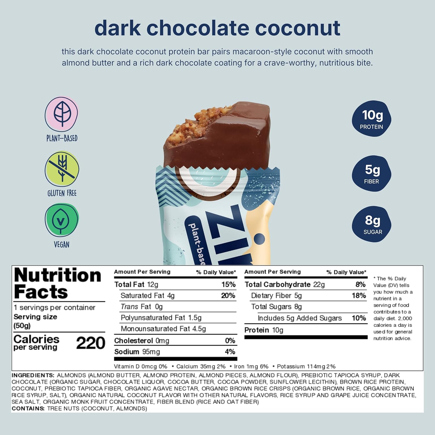 Zing Dark Chocolate Coconut Vegan Protein Bars, Gluten Free with High Protein, High Fiber, Dairy Free Nutrition Bars, Plant Based Protein, Kosher, Low Sugar, No Sugar Alcohols - 12 count