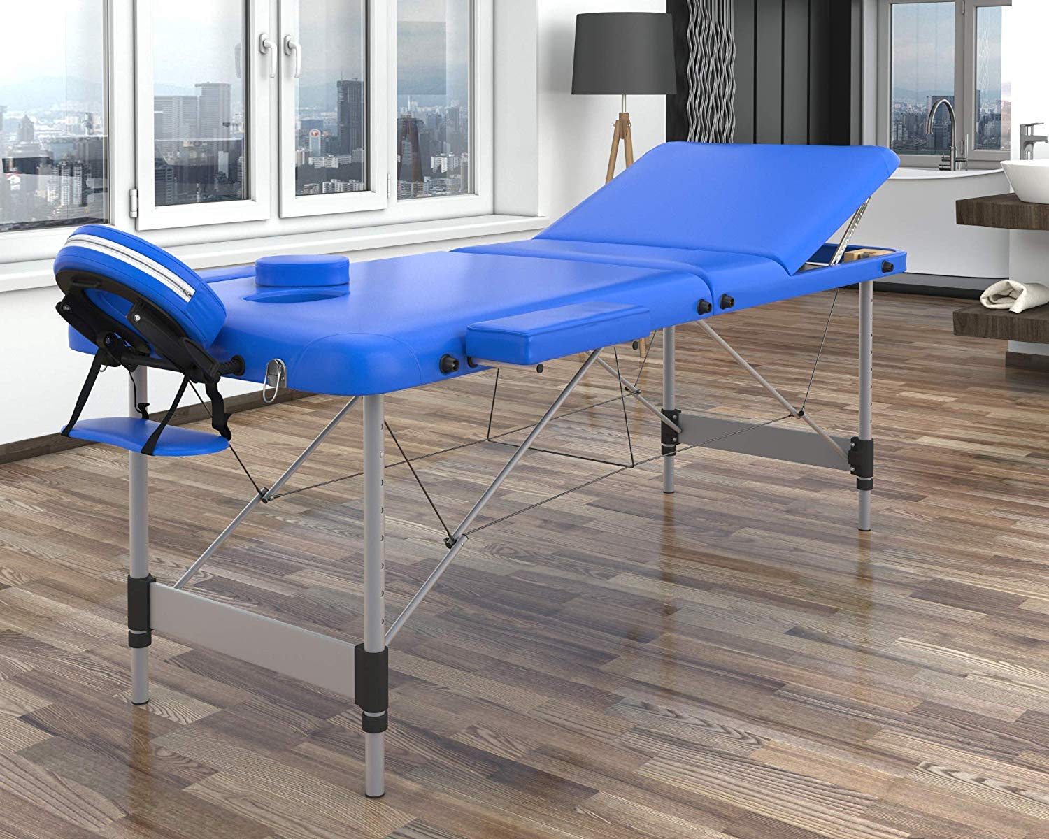LETTINO MASSAGGIO PROFESSIONALE 3 ZONE, LETTINO ESTETISTA IN LEGNO - LETTINI PER DA MASSAGGI PORTATILI PIEGHEVOLI COD-02 (180x56, Blue)
