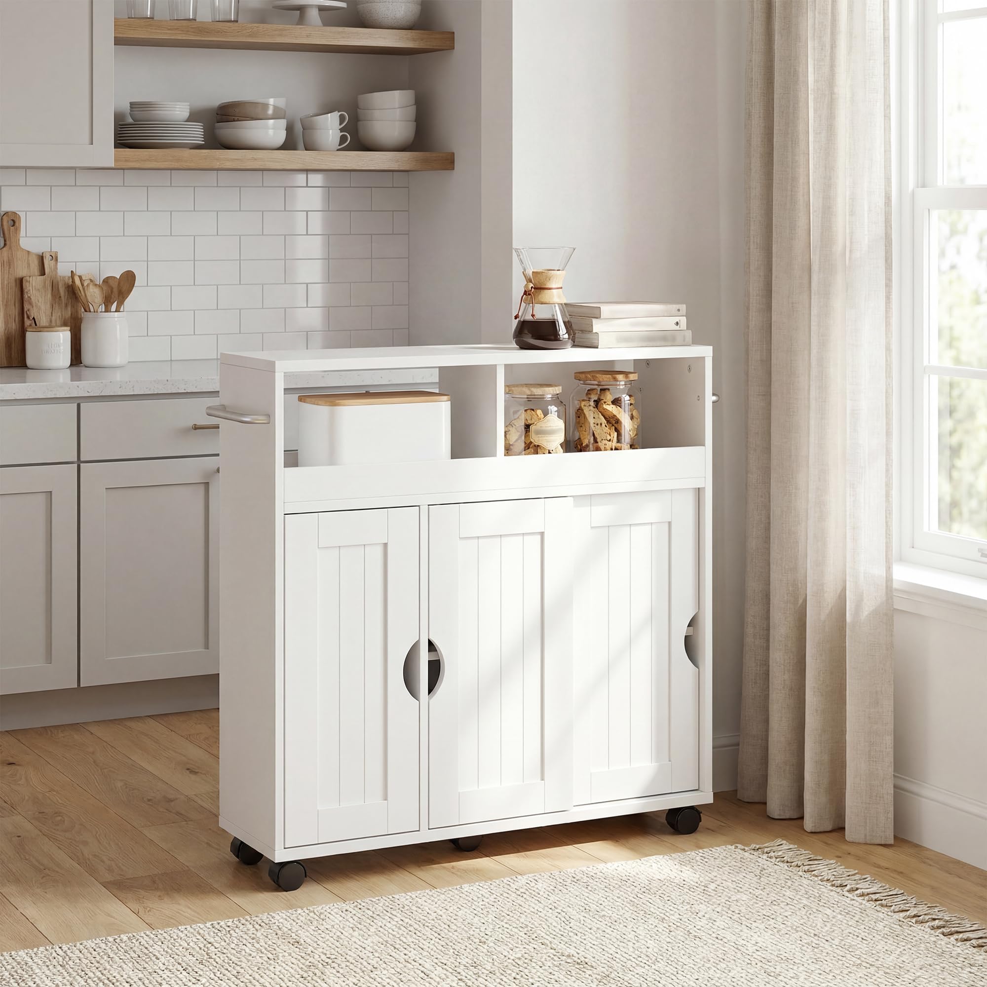 GIANTEX Badezimmerschrank mit Rollen, schmaler Badschrank mit verstellbarem Regal, Schiebetür, offene Fächer & Handtuchhalter, Nischenschrank Aufbewahrungsschrank für Wohnzimmer, Küche, 75x20x72 cm