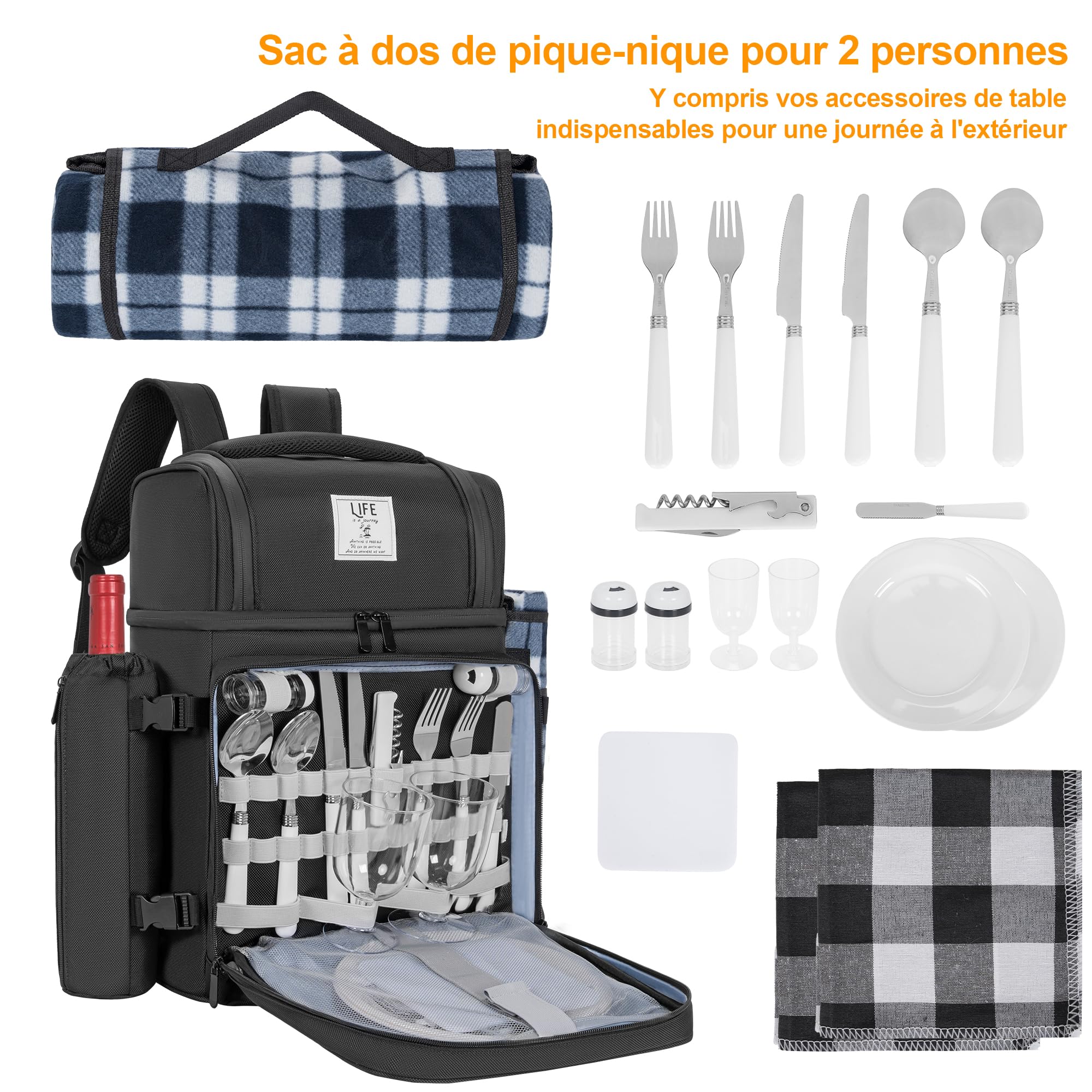 OUUTMEE 30L Sac à Dos de Pique-Nique pour 2 Personnes avec 2 Compartiments Réfrigérants Isolés et Étanches, Sac de Pique-Nique avec Vaisselle et Couverture, pour Plage, Camping, Randonnée (Noir)