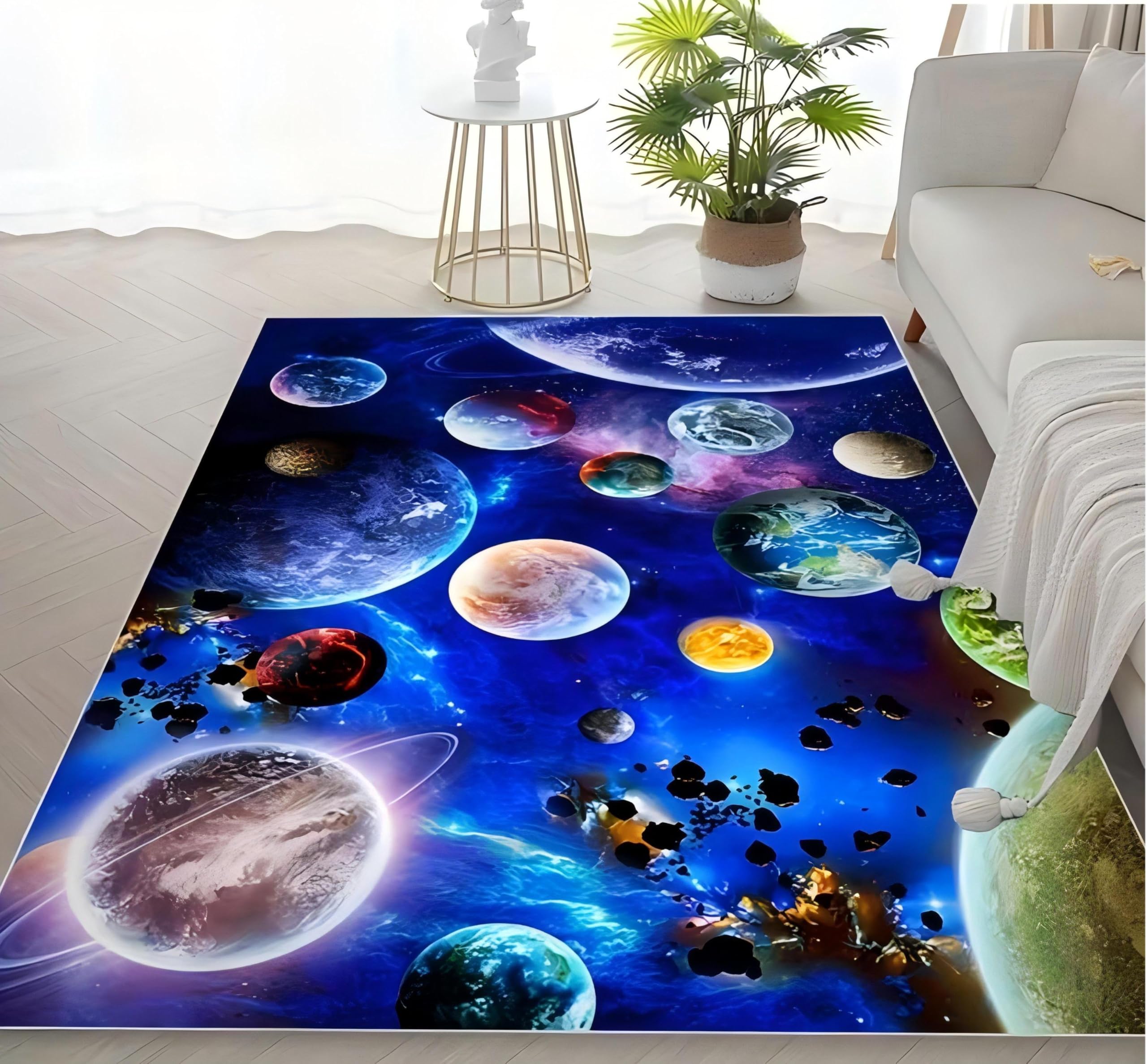 Starry Sky Area Rug, 120x180cm 8D Printed Earth Planet Galaxy Outer Space Print Rug, Breathable, Non-slip, and Machine Washable Carpet for Room Decoration, Can Be Used as a Hallway or Front Door Mat