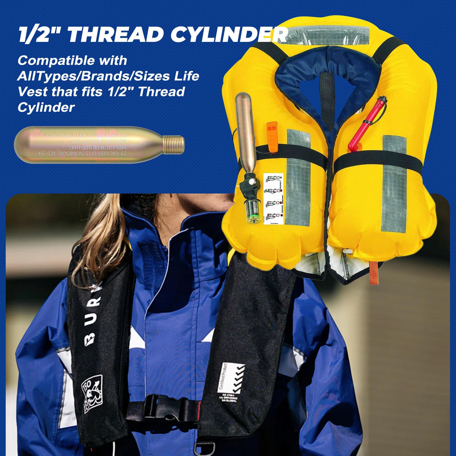 Cilindro a cartuccia di CO2 24G per giubbotto di salvataggio, accessorio per kit di riarmo C02 PFD, per gonfiaggio automatico/manuale, per adulti, utilizzato per pesca, surf, attività mare/oceaniche