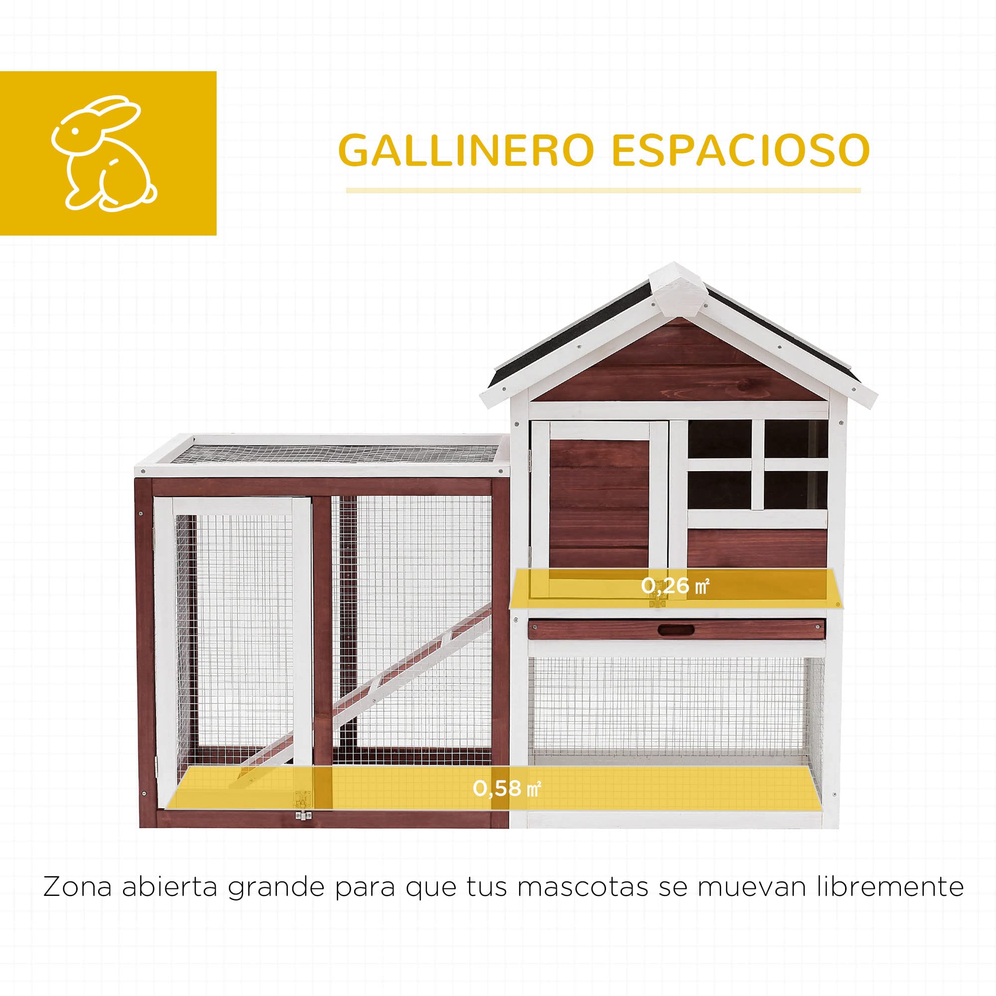 PawHut Conejera de Madera de 2 Niveles Jaula para Conejos con Zona Abierta Techo Asfáltico Bandeja Extraíble y Rampa Conejera para Exterior 123,5x62,6x92,5 cm Marrón