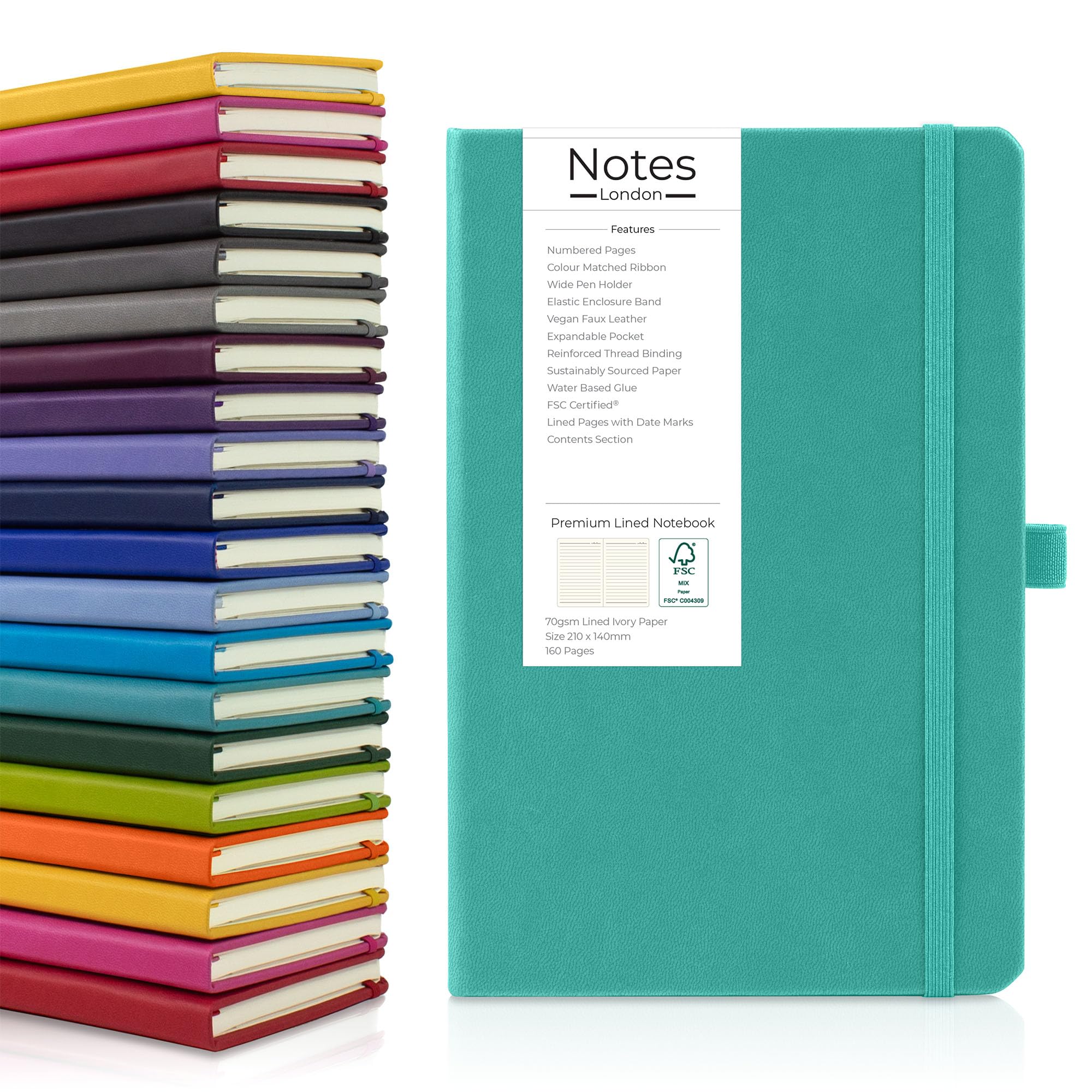 Notes London Confezione da 50 quaderni ecologici A5 con pagine a righe, pagina del contenuto, passante per penna, nastro, pagine numerate, data e tasca per carta, diario con copertina rigida media