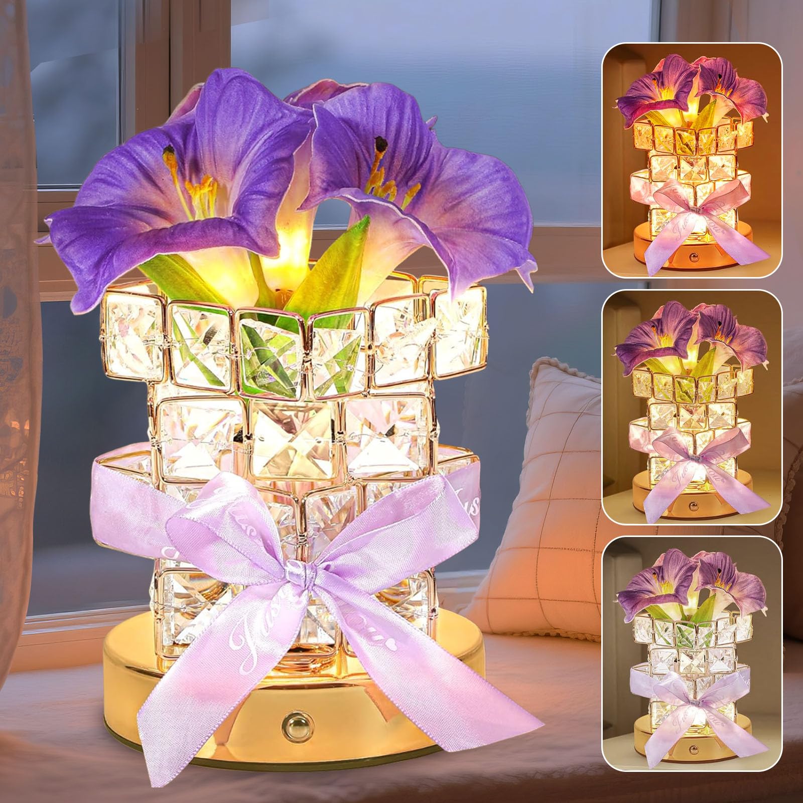 Flower Table Lamp, 3-Color Dimmable Artificial Flowers Night Light, Rechargeable Cordless Small Desk Lamp, Morning Glory with Crystal Vase for Date Party Home Decoration (Purple - Morning Glory (B)) โ image 1