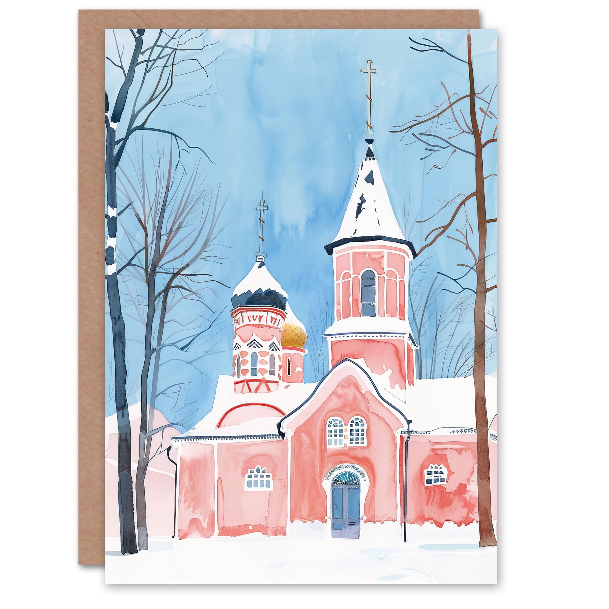 Artery8 Greeting Card Pink Orthodox Church Ukraine Soft Watercolour Blank For Him Or Her Art Birthday Card