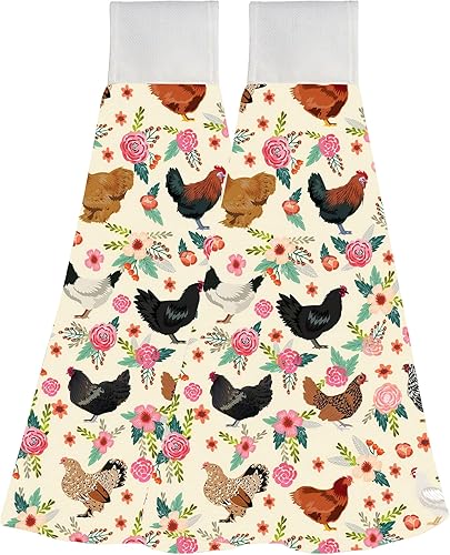 Juego de 2 toallas de mano colgantes de gallo, divertidas toallas de mano de animales con lazo para colgar, 100% algodón, para decoración de cocina
