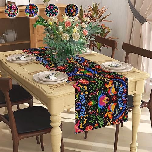 Miniatura 4 de Caminos de mesa mexicanos para fiesta, altar del día de los muertos, decoraciones del día de los muertos, fiesta de flores 70.9 x 13 pulgadas