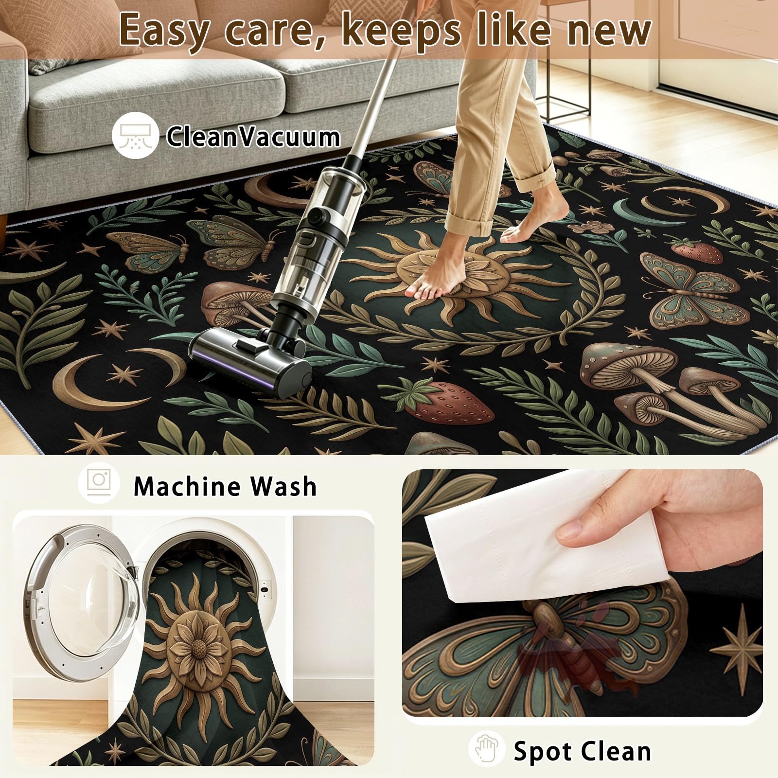 Antidérapant Papillon Soleil Lune Champignon Tapis Salon 140 x 200 cm, Fantastique Bohème Tapis Lavable Doux Poil Court, pour Cuisine Bain Chambre, Multicolore