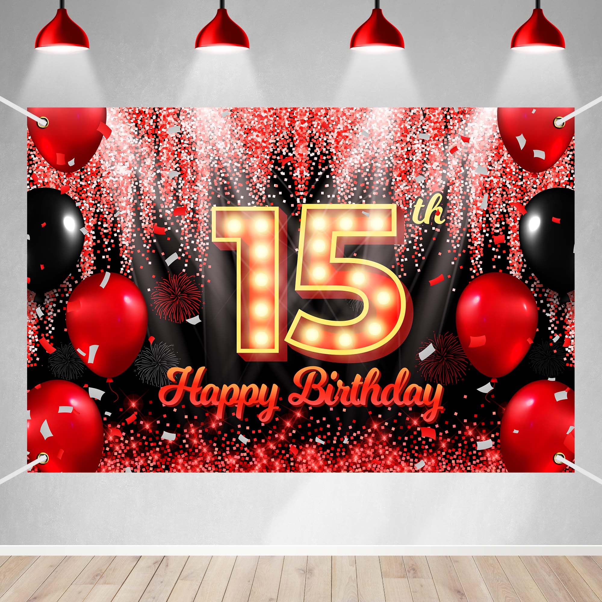 Happy 15th Birthday Backdrop Banner Black and Red Theme Background with Neon Shiny Fashion Birthday Party Photo Photography Prop Booth Background for
