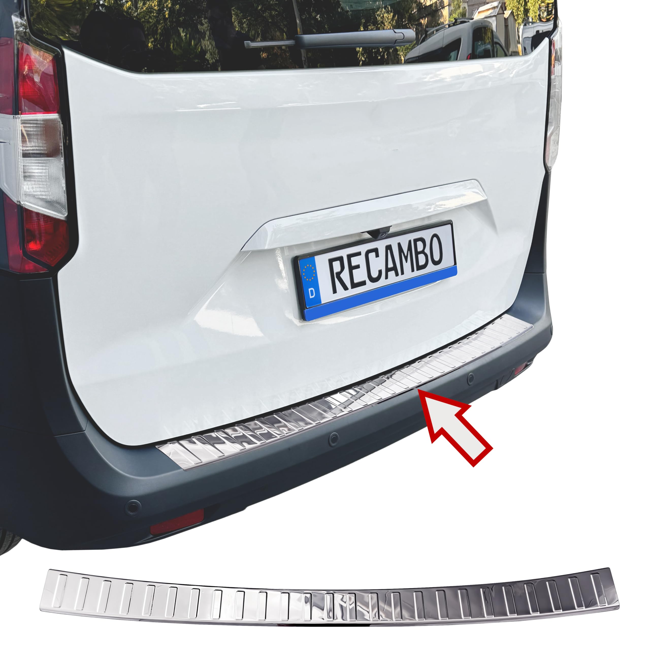 RECAMBO Edelstahl Ladekantenschutz - passend für Ford Transit Courier | BJ ab 2023 - polierte Chrom-Schutzleiste für die Stoßstange mit glatter Oberfläche & Klebemontage