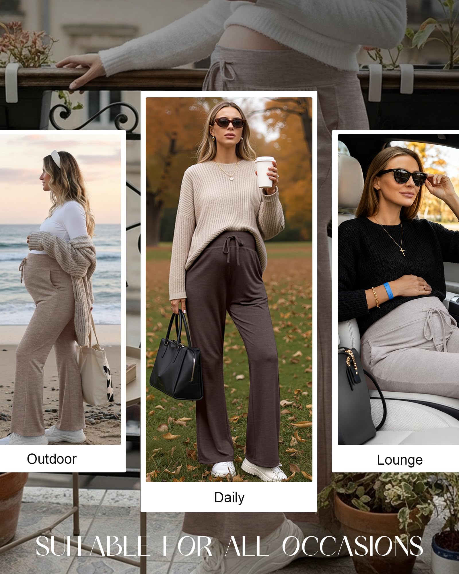 Neer Lot de 3 pantalons de maternité pour femme | Pantalon évasé, décontracté, jambes larges, jogging, cordon de serrage, avec poches, yoga, vêtements