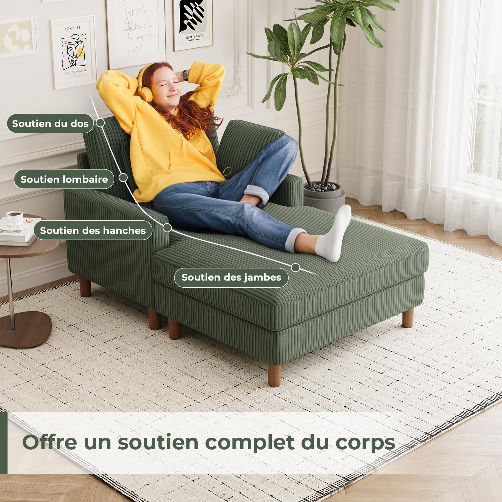 Vesgantti Canapé-Lit 1 Places en Velours Côtelé, Sofa Bed 148 x 104 x 92cm - Vert