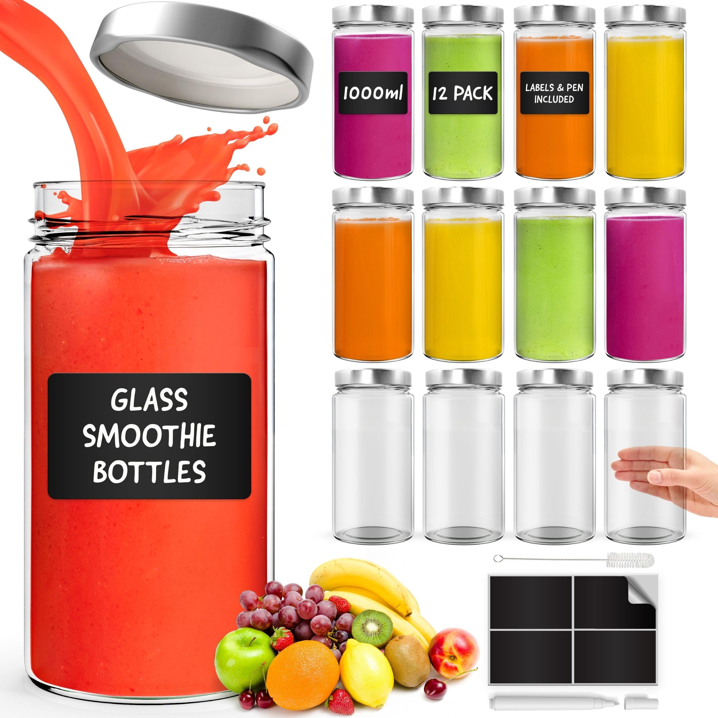 Glass Mason Jars with Lids 1000ml - 12 Pack, Leakproof Glass Bottles with Lids for Airtight Seal, Drinking Bottle Ideal for Smoothies, Milkshakes, Sauces, Food Storage, Juice, Beverages, Infused Water