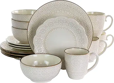 Elama Embossed Scalloped Stoneware Dinnerware Dish Set, 16...