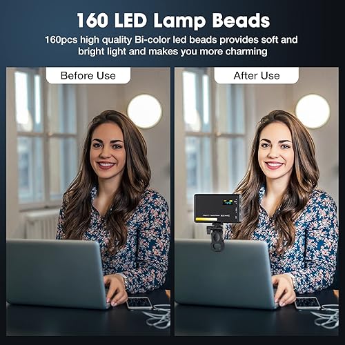 Miniatura 2 de Luz de cámara de teléfono celular con clip, luz de video recargable para selfie de 160 LED, temperatura de color ajustable 2500K-6500K Luz de