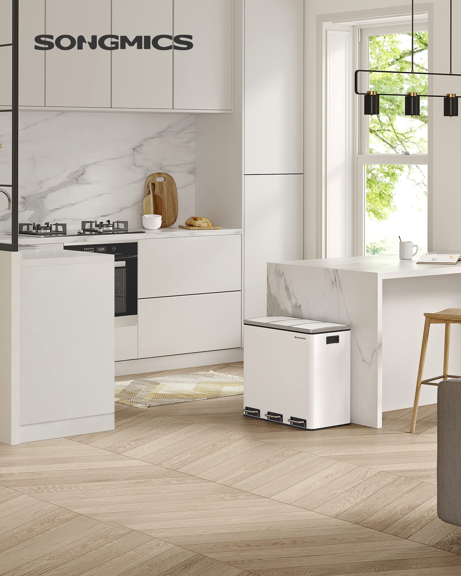 SONGMICS Mülleimer Küche, 3 x 18 L, Mülltrennsystem 3 Fächer, inklusive 15 Müllbeutel, Abfalleimer, Treteimer, für recycelbare Abfälle, Biomüll, mit Deckel, wolkenweiß LTB54WT