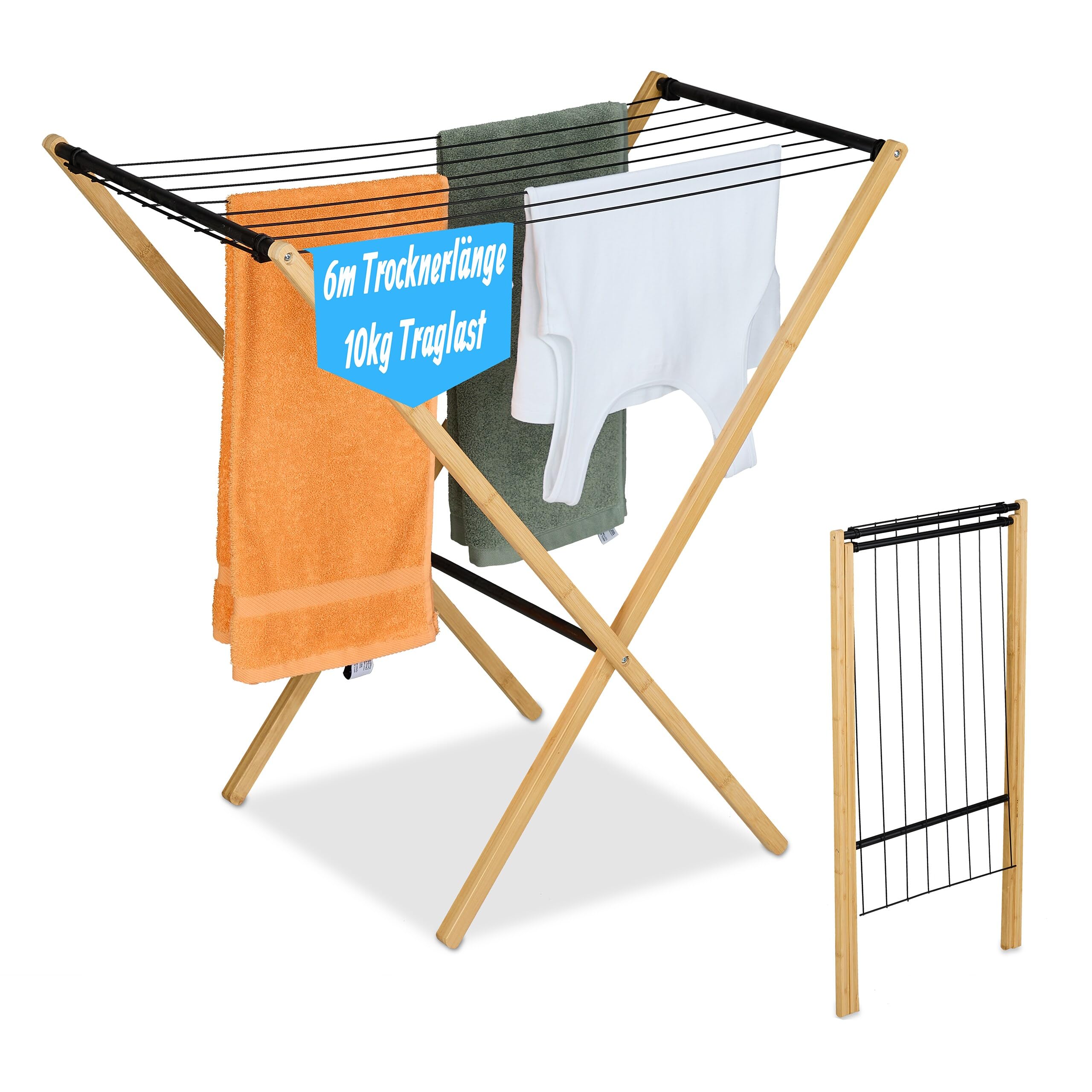 Relaxdays folding laundry rack, 8 rods, HxWxD: 77 x 79 x 49 cm, bamboo, metal, freestanding dryer, natural/black