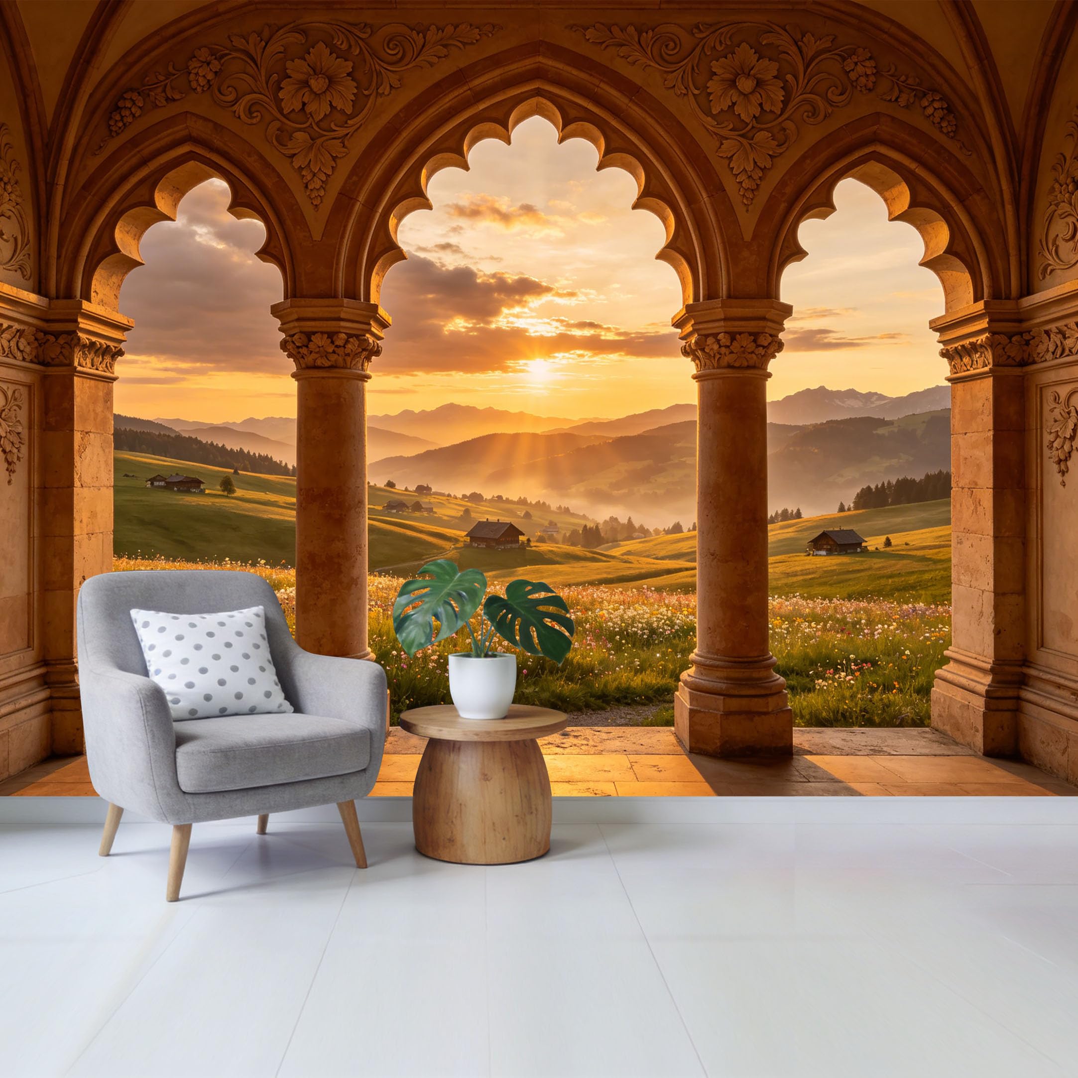 Removable Self Adhesive Fabric Mural， Sunset Mountain Meadow Alpine Architecture Custom Size Wall Covering， UV Protected Waterproof Washable Wall Decor for Living Room Bedroom Bathroom
