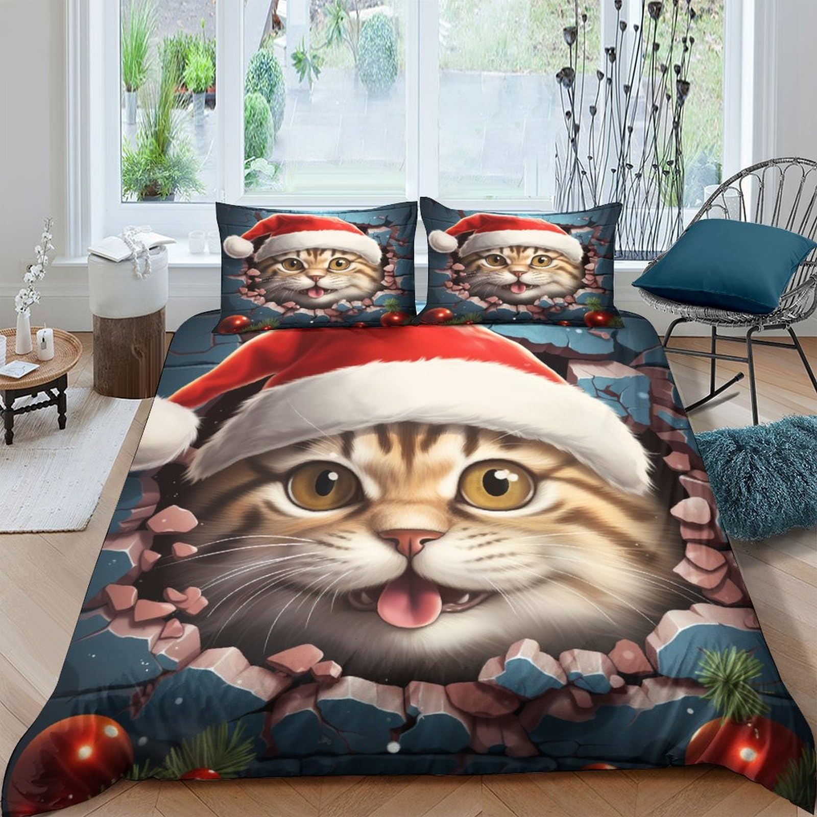 Funda nórdica de gato en 3D para abrigar las noches de invierno con diseño navideño King