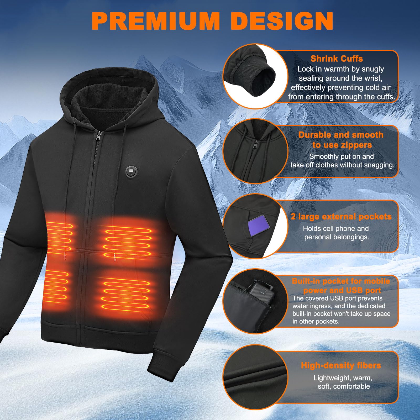 NEEMOSI Felpa Riscaldato Uomo con 27000mAh Batteria, 14 Zone di Felpa con Cappuccio 3 Temperatura Regolabile Felpa Riscaldata, Riscaldata Felpa Uomo con Zip per Escursioni All'aperto