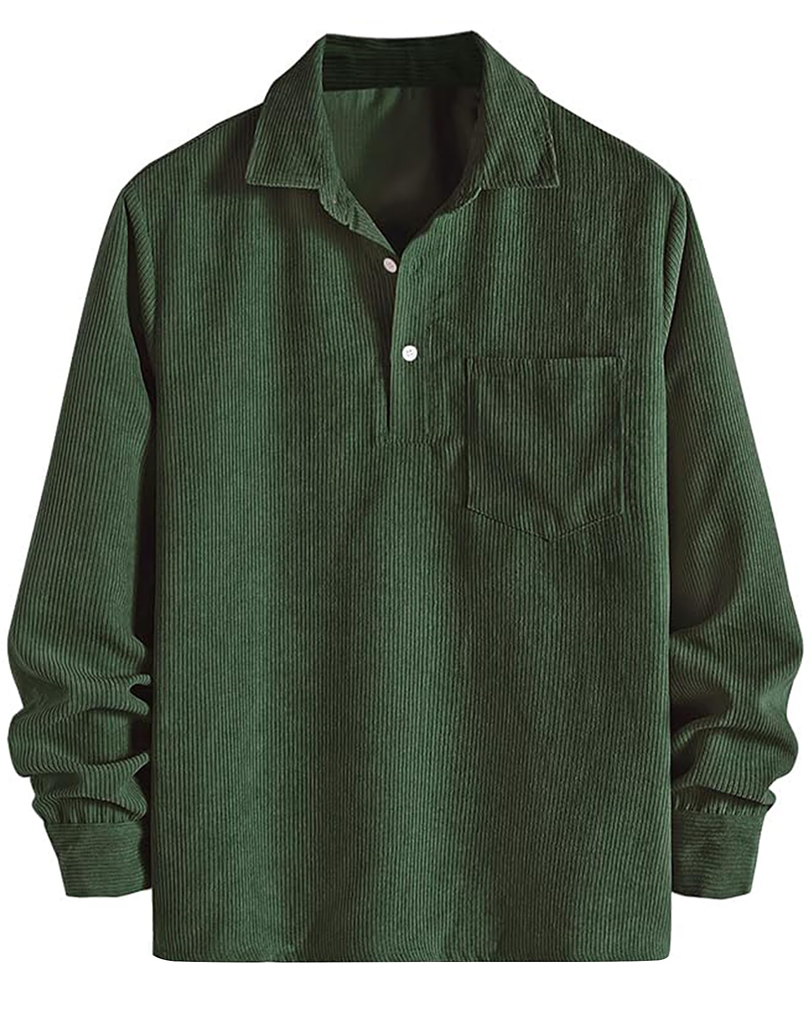 TROBOYMens Ribbed Corduroy Long Sleeve Casual Shirt Half Button Collared Outfits Plain Top with Pocket