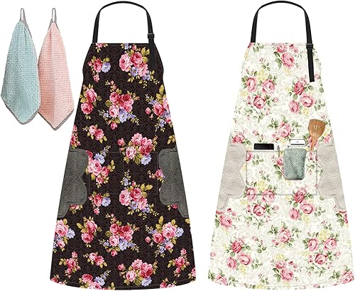 Paquete de 2 delantales para mujeres y hombres con 3 bolsillos, delantal ajustable impermeable de cocina con 2 toallas