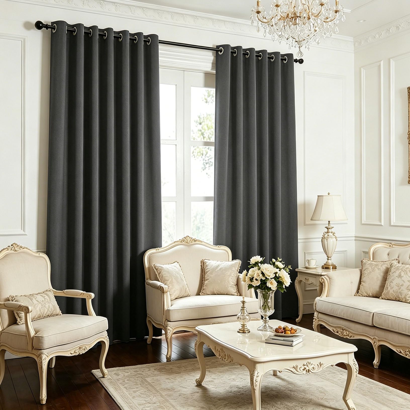 LCAIHONG Blackout Curtains Bedroom 210 x 265 cm Thermal Insulated, Pencil Pleat Eyelet Curtains & Drapes Eyelet Ring Top Including for Window Living Room Kitchen, Dark Grey