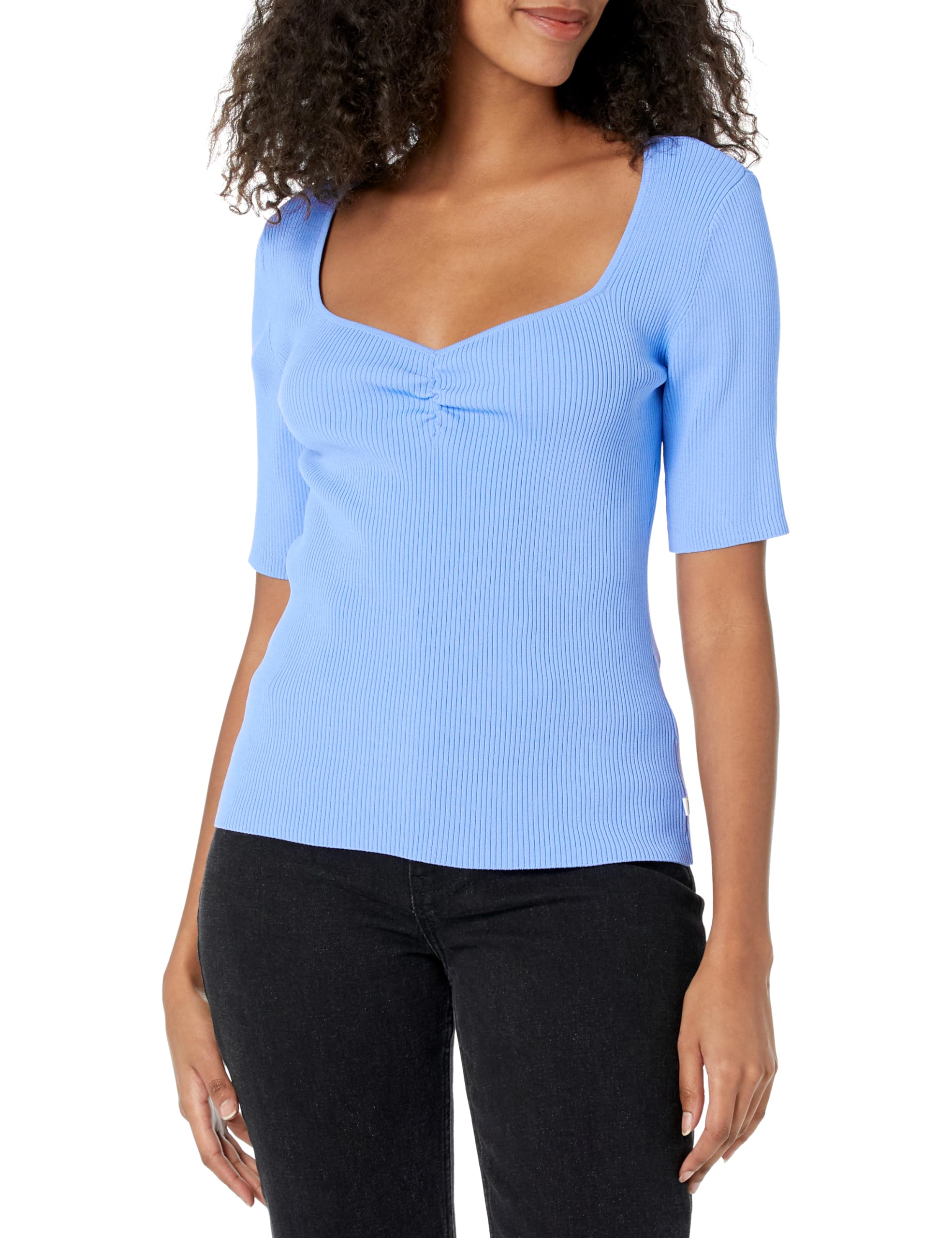 KARL LAGERFELD Paris Women's Sportswear Ribbed Sweetheart Sweater,Hydrangea,X-Large