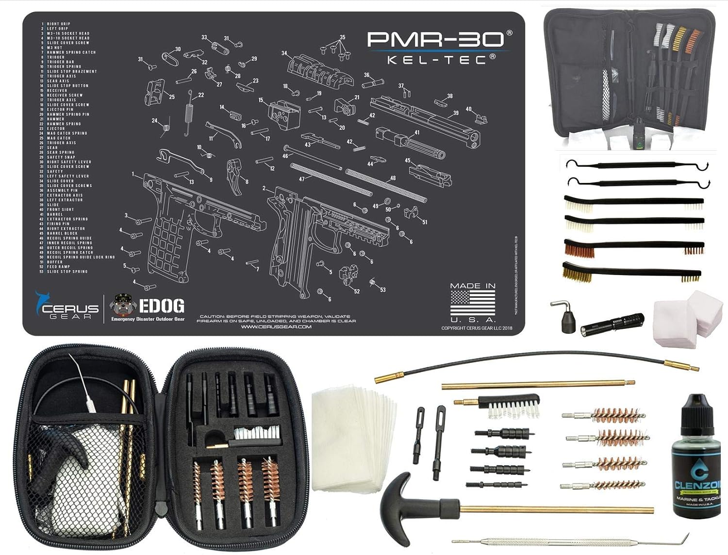 EDOG Premier 30 Pc Gun Cleaning System - Compatible with Keltec PMR-30 - Schematic (Exploded View) Mat, Range Warrior Universal .22 9mm - .45 Kit & Tac Book Accessories Set