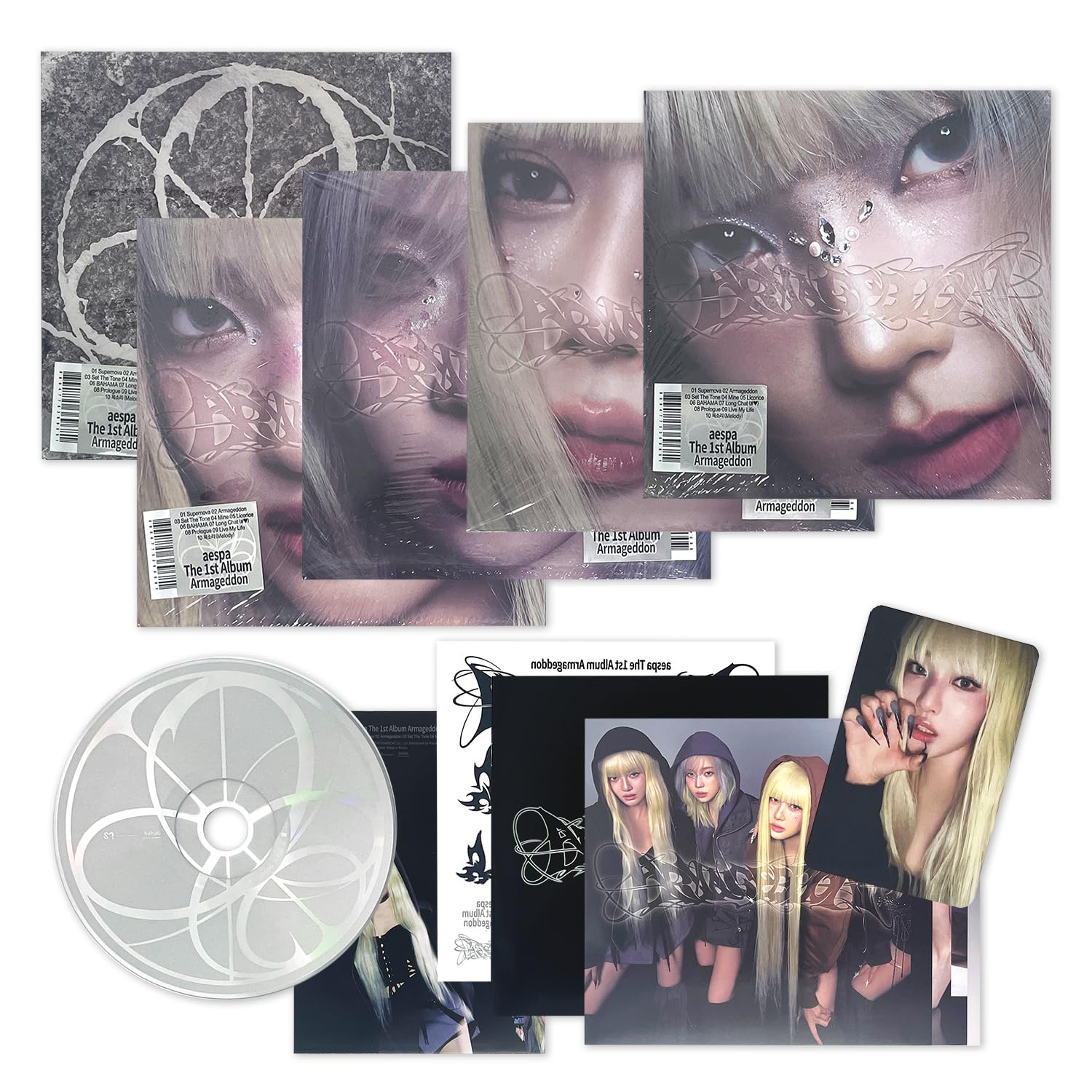 aespa - 1st Album [Armageddon] (MY Power Ver. - Random) Cover + CD-R + Photo Book + Postcard + Folded Poster + Photocard + Tattoo Sticker + 2 Pin Badges + 4 Extra Photocards