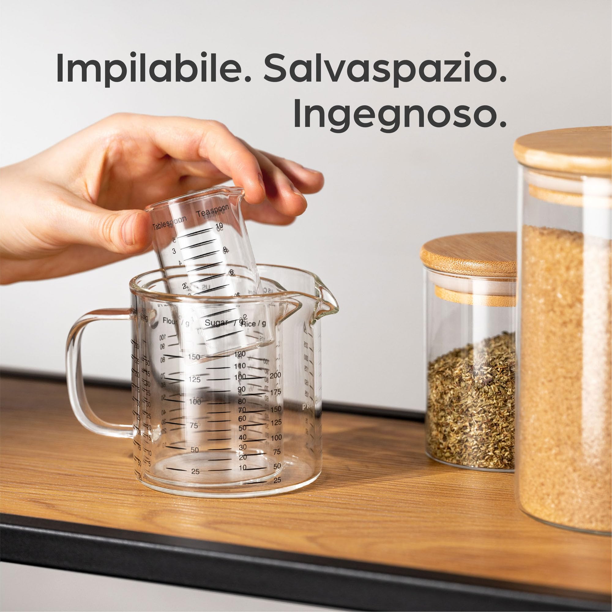 Praknu Brocca Graduata in Vetro - 50ml, 125ml, 250ml - Scala Precisa - Impilabile - Resistente al Calore e al Microonde.