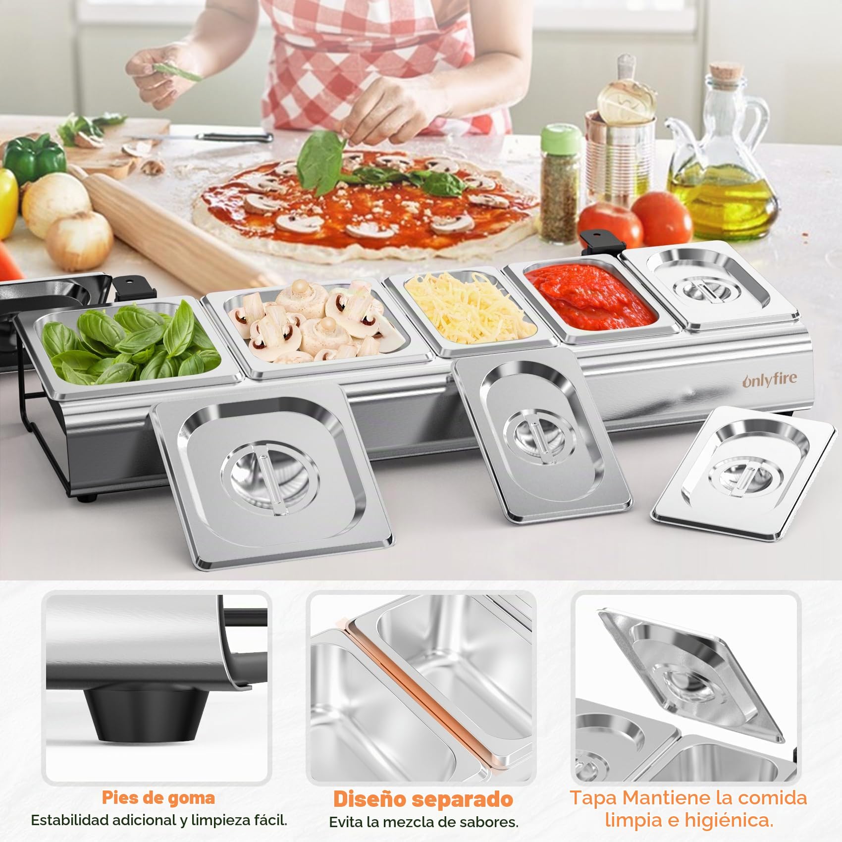 onlyfire Caja de Ingredientes, Juego de 5 Recipientes para Ingredientes para Pizza, Recipientes de Acero Inoxidable con Tapa, Catering Soporte para Cubetas, Accesorios para Horno de Pizza