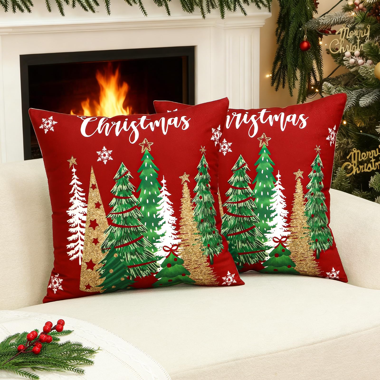 SOMYTING 2 Pcs Christmas Cushion Covers Throw Pillow (Red, 45x45 cm)