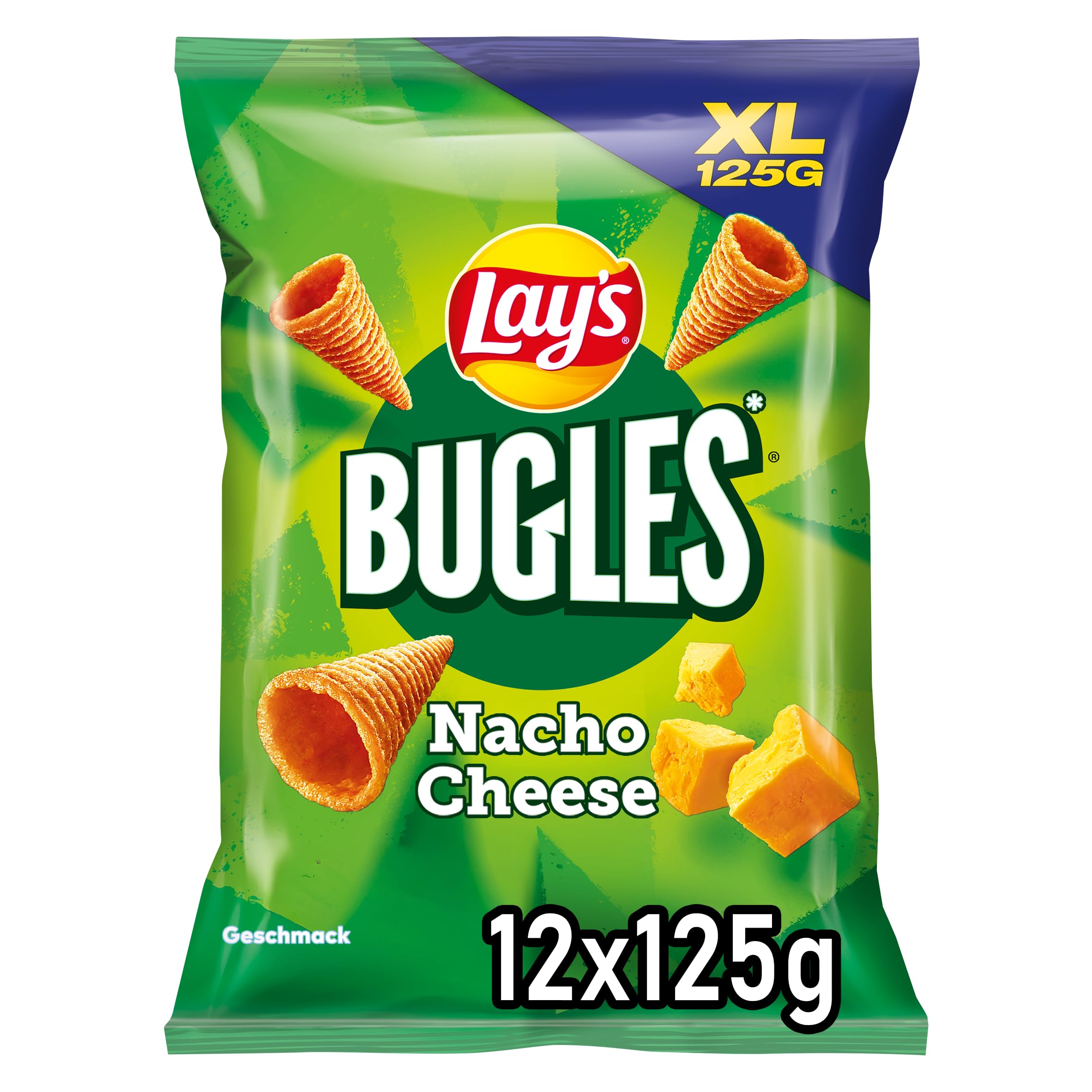 Lay's Bugles Nacho Cheese – Herzhafter Mais-Snack mit Käse-Geschmack (12 x 125 g) (Verpackungsdesign kann abweichen)